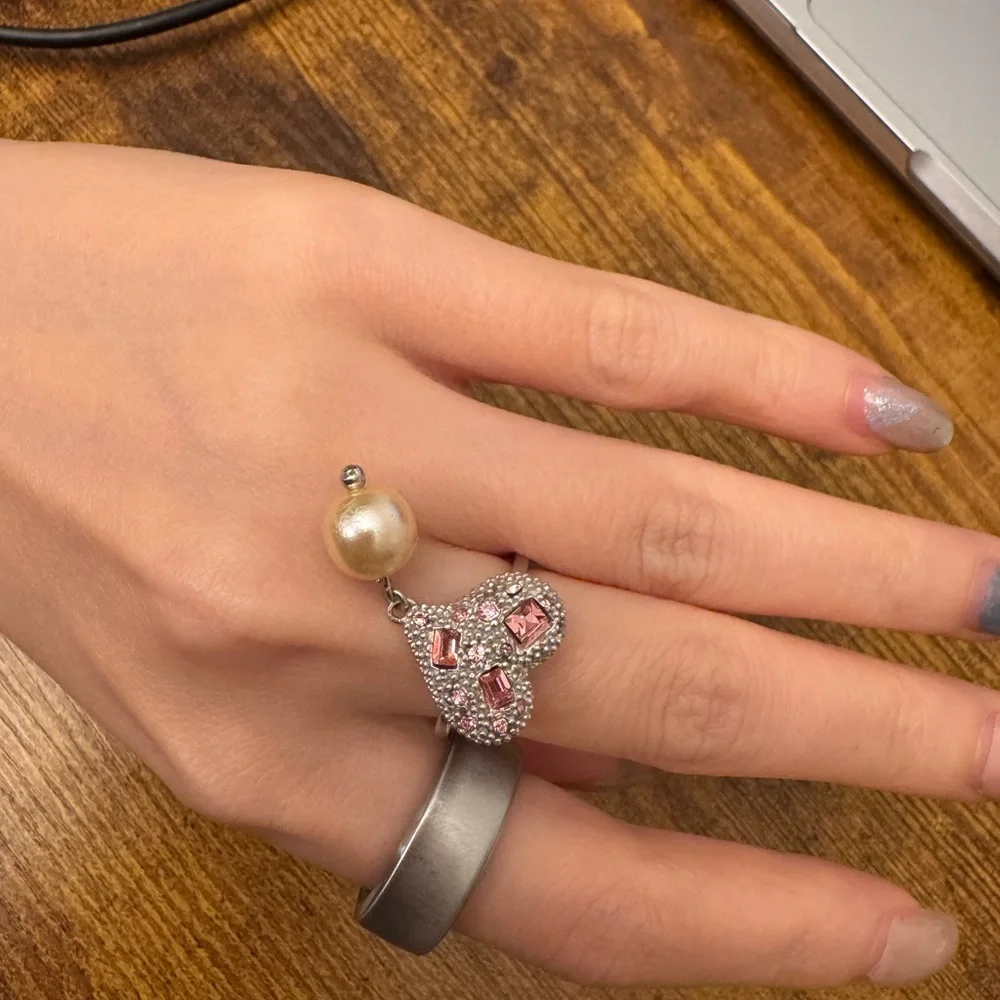 Miu Miu Sterling Silver 925 Crystal Heart Ring Pearl Pink Rhinestone Adjustable - Picture 7 of 9